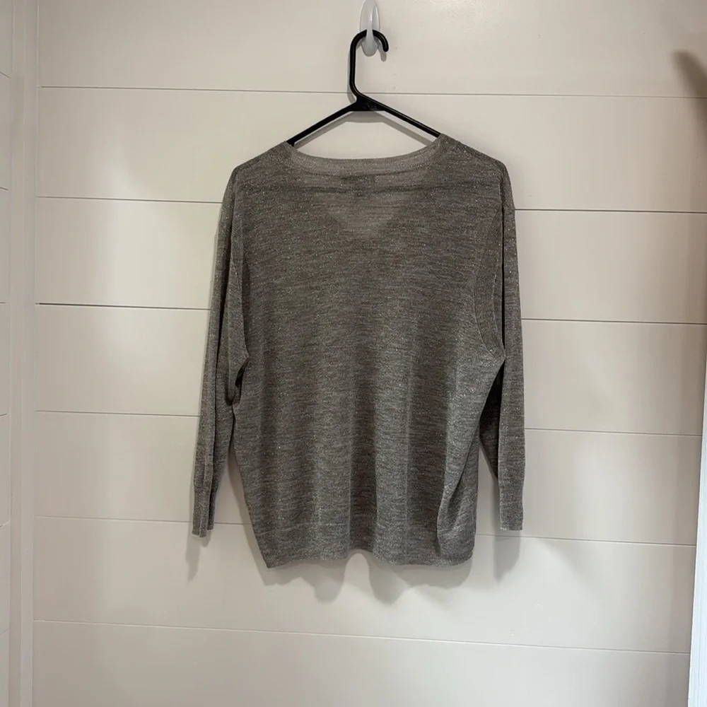 J. Crew Metallic Silver Gray V-Neck Lightweight Sweater Shirt Top Size Medium